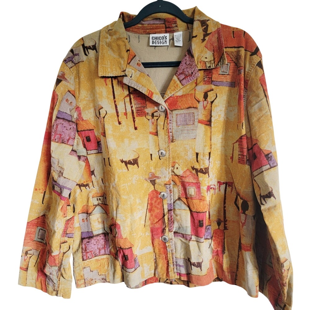 Chico's Design 3 Vintage Corduroy Jacket Button Front Farm Art Size‎ XL Yellow